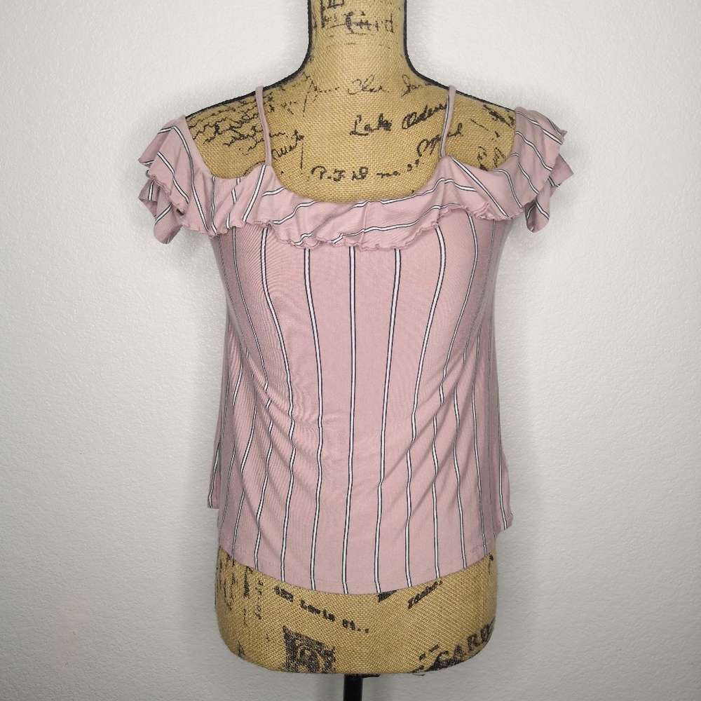 *American Eagle Soft & Sexy Stripe Ruffle Neck Top Peasant Cottage Coastal